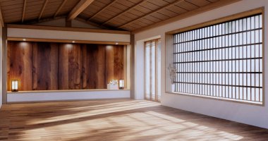 Empty large hall, Asia interior cleaning room zen style. 3D rendering