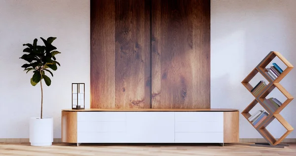 Kabinett Holz Japanisches Design Auf Wohnzimmer Zen Stil Leere Wand — Stockfoto