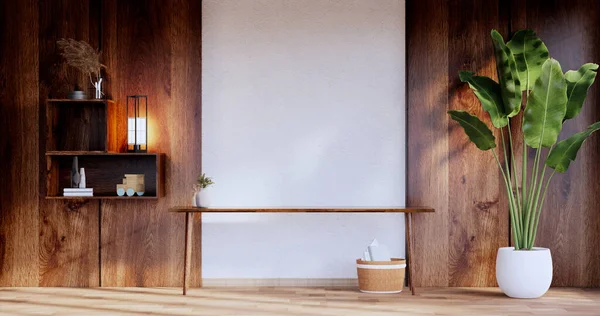 Armário Madeira Design Japonês Sala Estar Estilo Zen Parede Vazia — Fotografia de Stock
