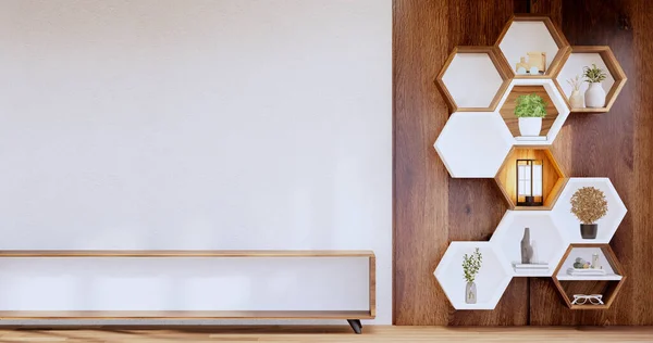 Hexagon Wooden Shelf Japanese Wall Background Rendering — 스톡 사진