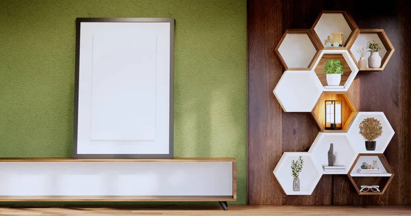 Hexagon Wooden Shelf Japanese Design Green Wall Background Rendering — Stok Foto