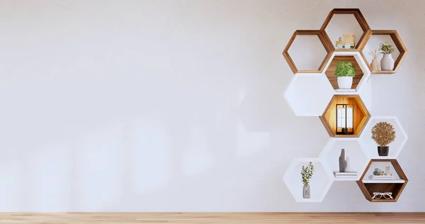 Hexagon Wooden Shelf Japanese Wall Background Rendering — Stok Foto