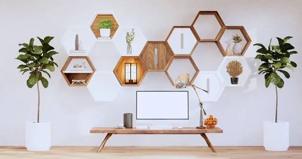 Hexagon Wooden Shelf Japanese Wall Background Rendering — 图库照片
