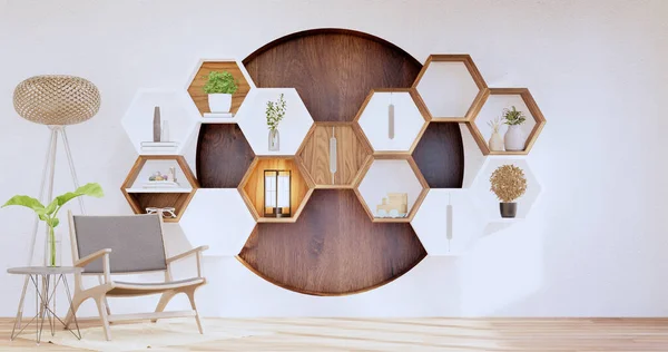 Hexagon Wooden Shelf Japanese Wall Background Rendering — 스톡 사진