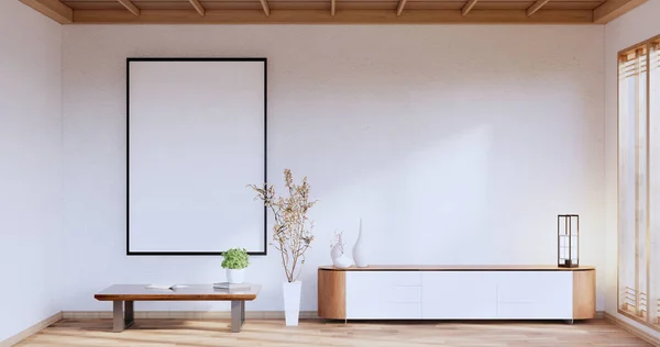 Cabinet Wooden Japanese Design Living Room Zen Style Empty Wall — Stock Photo, Image