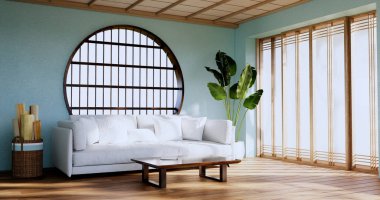 Açık mavi oturma odası lambalarla ve ağaçlarla süslenmiş.