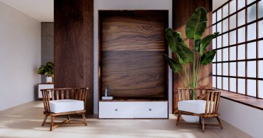 Ahşap iç tasarım, zen modern oturma odası Japon tarzı 3D tasarım.