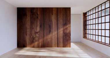 Lüks oda veya otel Japon tarzı dekorasyon Japonya tarzı Büyük yaşam alanı.3d render