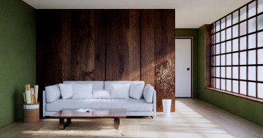 Boş - temiz yeşil modern oda Japon tarzı 3D görüntüleme