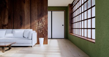 Boş - temiz yeşil modern oda Japon tarzı 3D görüntüleme