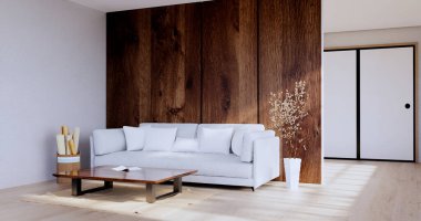 Japonya 'da beyaz kanepe japoncası tropikal desing ve tatami minder 3D döşeme