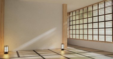 Lüks oda veya otel Japon tarzı dekorasyon Japonya tarzı Büyük yaşam alanı.3d render
