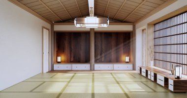 Lüks oda veya otel Japon tarzı dekorasyon Japonya tarzı Büyük yaşam alanı.3d render