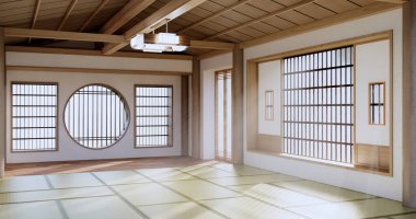 Lüks oda veya otel Japon tarzı dekorasyon Japonya tarzı Büyük yaşam alanı.3d render