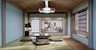 Mint Empty large hall, Asia interior cleaning room zen style. 3D rendering