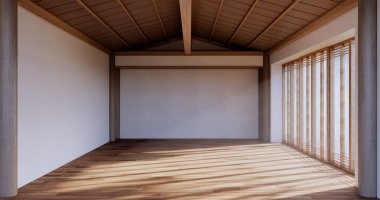 Lüks oda veya otel Japon tarzı dekorasyon Japonya tarzı Büyük yaşam alanı.3d render