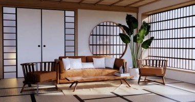 Japonya 'da beyaz kanepe japoncası tropikal desing ve tatami minder 3D döşeme