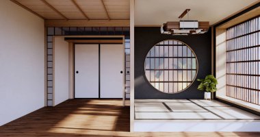 Ahşap iç tasarım, zen modern oturma odası Japon tarzı 3D tasarım.