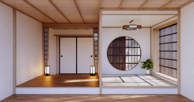 Lüks oda veya otel Japon tarzı dekorasyon Japonya tarzı Büyük yaşam alanı.3d render