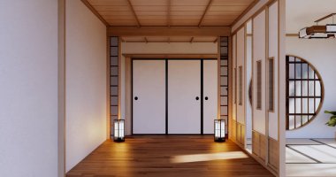 Lüks oda veya otel Japon tarzı dekorasyon Japonya tarzı Büyük yaşam alanı.3d render