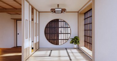 Lüks oda veya otel Japon tarzı dekorasyon Japonya tarzı Büyük yaşam alanı.3d render