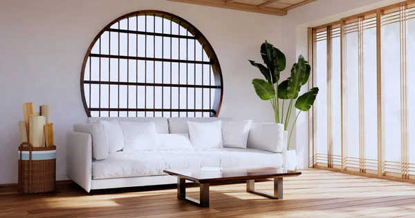 White Sofa japanese on room japan tropical desing and tatami mat floor.3D rendering