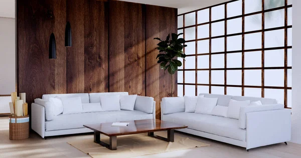 White Sofa japanese on room japan tropical desing and tatami mat floor.3D rendering