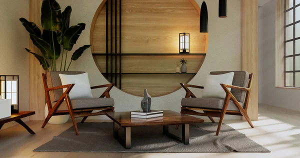 The Wooden interior design,zen modern living room Japanese style.3D rendering