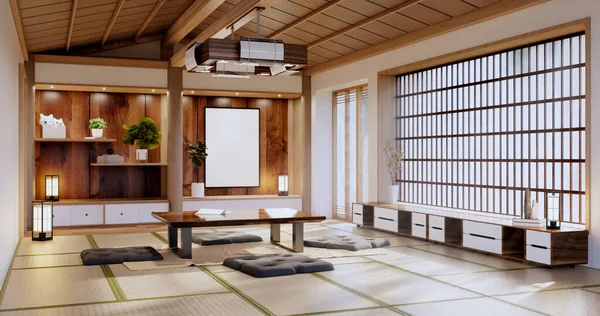 Zen room interior wooden wall on tatami mat floor, low table and armchair.3D rendering