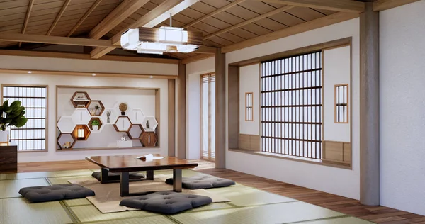 Zen room interior wooden wall on tatami mat floor, low table and armchair.3D rendering