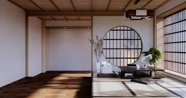 Zen room interior wooden wall on tatami mat floor, low table and armchair.3D rendering