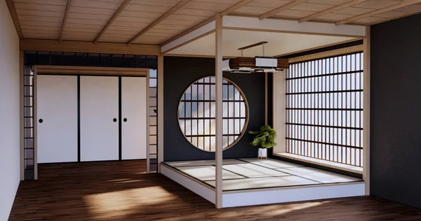 Ahşap iç tasarım, zen modern oturma odası Japon tarzı 3D tasarım.