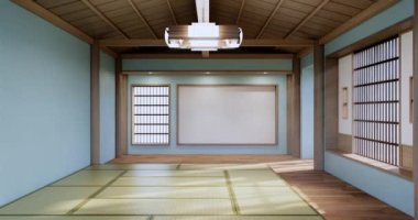 Lüks oda veya otel Japon tarzı dekorasyon Japonya tarzı Büyük yaşam alanı.3d render