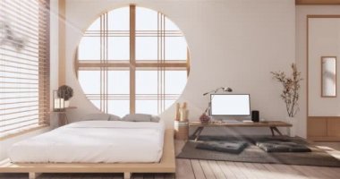 Lüks oda veya otel Japon tarzı dekorasyon Japonya tarzı Büyük yaşam alanı.3d render