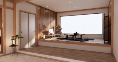 Lüks oda veya otel Japon tarzı dekorasyon Japonya tarzı Büyük yaşam alanı.3d render