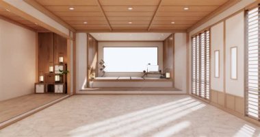 Lüks oda veya otel Japon tarzı dekorasyon Japonya tarzı Büyük yaşam alanı.3d render