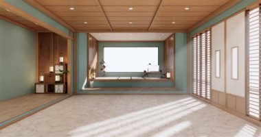 Lüks oda veya otel Japon tarzı dekorasyon Japonya tarzı Büyük yaşam alanı.3d render