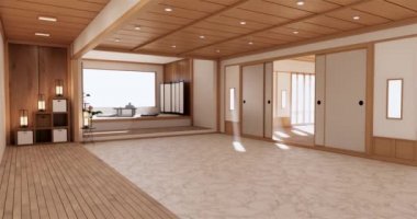 Lüks oda veya otel Japon tarzı dekorasyon Japonya tarzı Büyük yaşam alanı.3d render