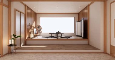 Lüks oda veya otel Japon tarzı dekorasyon Japonya tarzı Büyük yaşam alanı.3d render