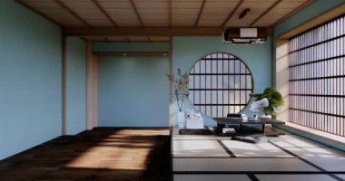Lüks oda veya otel Japon tarzı dekorasyon Japonya tarzı Büyük yaşam alanı.3d render