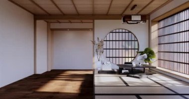 Lüks oda veya otel Japon tarzı dekorasyon Japonya tarzı Büyük yaşam alanı.3d render