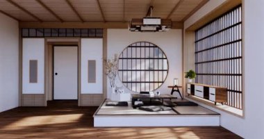 Lüks oda veya otel Japon tarzı dekorasyon Japonya tarzı Büyük yaşam alanı.3d render