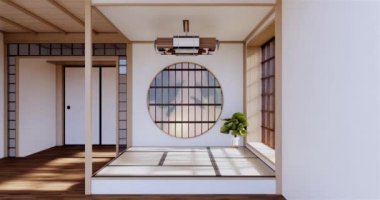 Lüks oda veya otel Japon tarzı dekorasyon Japonya tarzı Büyük yaşam alanı.3d render