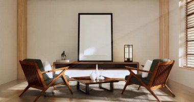 Lüks oda veya otel Japon tarzı dekorasyon Japonya tarzı Büyük yaşam alanı.3d render