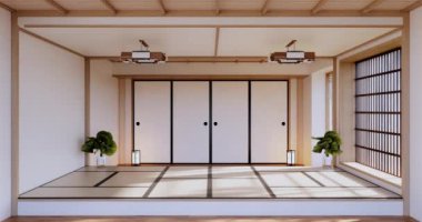 Lüks oda veya otel Japon tarzı dekorasyon Japonya tarzı Büyük yaşam alanı.3d render