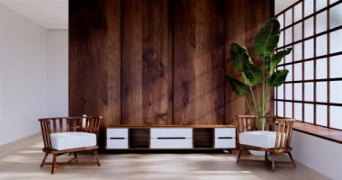 Lüks oda veya otel Japon tarzı dekorasyon Japonya tarzı Büyük yaşam alanı.3d render