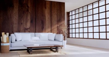 Lüks oda veya otel Japon tarzı dekorasyon Japonya tarzı Büyük yaşam alanı.3d render