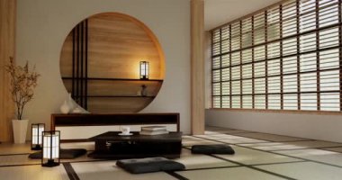 Lüks oda veya otel Japon tarzı dekorasyon Japonya tarzı Büyük yaşam alanı.3d render