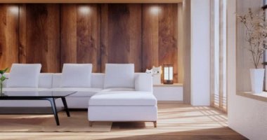 Lüks oda veya otel Japon tarzı dekorasyon Japonya tarzı Büyük yaşam alanı.3d render