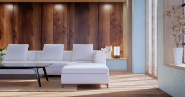 Lüks oda veya otel Japon tarzı dekorasyon Japonya tarzı Büyük yaşam alanı.3d render